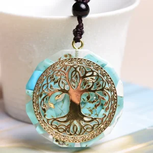 Pendentif orgonite arbre de vie turquoise, vue de face