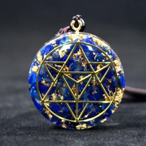 Pendentif orgonite lapis-lazuli et étoile Merkaba, vue de face