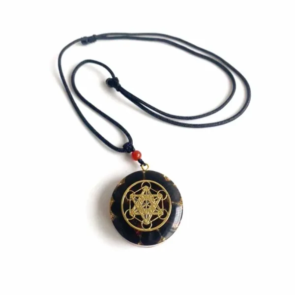 Pendentif orgonite Métatron noir et or sur son cordon